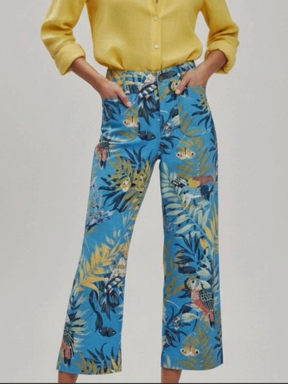 Maeve Blue Tropical Botanical Cropped Wide-Leg Pants